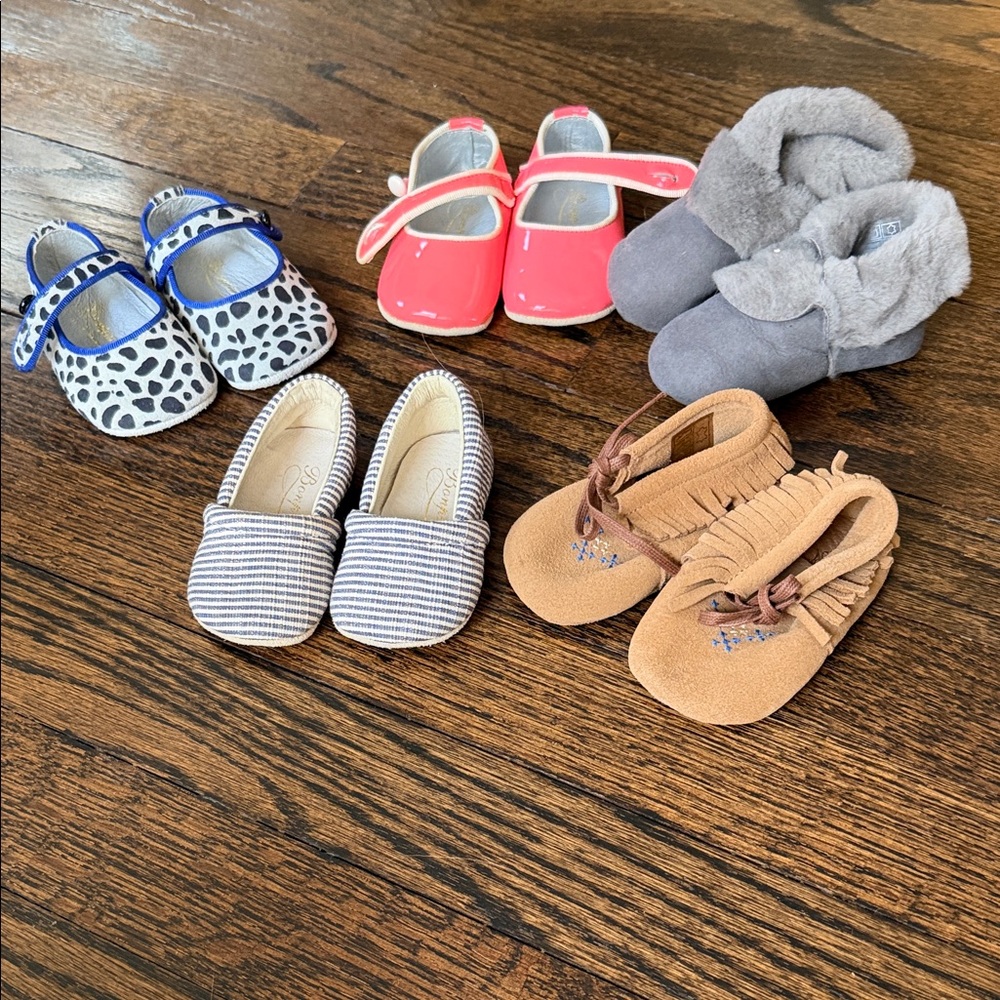 Bonpoint Pink Patent Mary Jane, blue and white stripe, moccasin Set - 5 pair